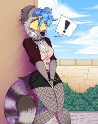 anthro blue_hair bodily_fluids clothing female genital_fluids hair hi_res kinky_spy lemur mammal maria_(awesomeopossum99) outside peeing primate ring-tailed_lemur solo strepsirrhine urine watersports wetting