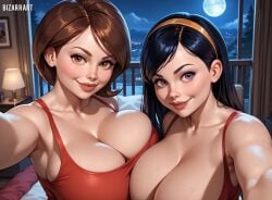 2girls ai_generated bizarrart cleavage disney female female_only headband helen_parr huge_breasts mother_and_daughter pixar tank_top the_incredibles violet_parr