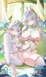 2girls absurdres ahoge alternate_costume bare_shoulders blush bracelet breasts bridal_gauntlets cleavage closed_mouth clothes_lift collarbone covered_navel dress female foot_out_of_frame genshin_impact gloves gold_trim green_eyes green_hair hair_between_eyes hair_ornament hand_on_another's_thigh highres jewelry jndfh large_breasts leaf_hair_ornament long_hair looking_at_viewer multicolored_hair multiple_girls nahida_(genshin_impact) nipples no_shoes parted_lips pointy_ears pussy rukkhadevata_(genshin_impact) sitting sleeveless sleeveless_dress small_breasts smile symbol-shaped_pupils thighhighs thighs toes very_long_hair white_bridal_gauntlets white_dress white_gloves white_hair white_thighhighs