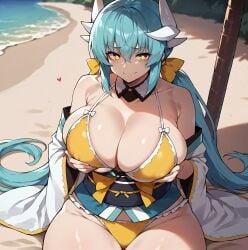 1female 1girls ai_generated ass beach big_breasts bikini bikini_top breasts breasts_bigger_than_head bubble_ass bubble_butt dragon_girl fate/grand_order fate_(series) female female female_focus green_hair groping happy happy_female head_ornament highres holding_breast holding_own_breast horns huge_ass huge_breasts in_love in_love_with_viewer kimono kiyohime_(fate) kiyohime_(fate/grand_order) kiyohime_(swimsuit_lancer)_(fate) large_breasts long_hair looking_at_viewer self_fondle self_groping swimsuit thick_thighs thighhighs venus_body voluptuous voluptuous_female white_horns wide_hips