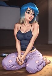 1girls 2d ai_generated areolae blue_hair civitai cleavage digital_drawing_(artwork) erect_nipples_under_clothes eve_(summertime_saga) female female_focus female_only holding_hands kiwimike light-skinned_female light_skin nipples nipples_visible_through_clothing on_knees pants pose posing pyjamas shirt_up showing_off summertime_saga tank_top teenage_girl teenager two_tone_hair