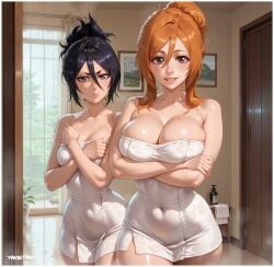 2girls ai ai_assisted ai_generated big_breasts black_hair bleach bleach:_the_thousand-year_blood_war breasts cleavage deviantart deviantart_url deviantart_username female female_only hips huge_breasts human human_female indoors inoue_orihime kuchiki_rukia light-skinned_female light_skin looking_at_viewer onsen orange_hair short_hair size_difference small_breasts thighs tied_hair towel towel_around_waist towel_only voluptuous voluptuous_female