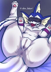 2025 4_toes absurd_res ambiguous_fluids anus arms_tied artist_name ass ball_gag big_butt blindfold blue_body bodily_fluids bondage bondage bound cum_creature digitigrade eeveelution feet female feral fin front_view gag generation_1_pokemon genital_fluids genitals grey_background hi_res humanoid_genitalia humanoid_pussy lying nintendo on_back pawpads pokemon pokemon_(species) pubes pussy quadruped restrained shen_hokori simple_background solo tail text thick_thighs toes vaginal_fluids vaporeon wet_anus white_body