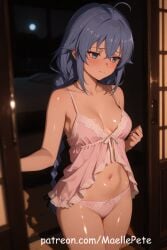 ai_generated beautiful beauty belly belly_button blue_eyes blue_hair blush breasts cute dress female female_only long_hair love maellepetite mushoku_tensei negligee pajamas panties pose roxy_migurdia solo