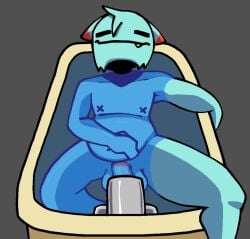 anthro arm_out_of_water balls bath bath_water bathing bathtub belly black_tape blue_body blue_fur cheek_tuft closed_eyes clothing eyes_always_closed facial_tuft flaccid fluffy fur genitals grey_background handwear head_out_of_water hi_res leg_out_of_water male male_only mitten_hands mittens nipple_tape orange_body orange_fur partially_submerged pasties penis scab_(character) scab_nsfw simple_background smile solo tail tap tape teeth tuft water wet wet_body wet_fur
