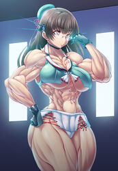 1girls abs armlet bangs bare_shoulders beret biceps big_breasts black_gloves blunt_bangs breasts brown_hair cameltoe choker choukai_(kantai_collection) cleavage collarbone extreme_muscles female female_only flex glasses gloves green_hat green_vest hat headgear headphones highres huge_breasts huge_thighs impossible_clothes kantai_collection long_hair miniskirt muscle muscles muscular muscular_female muscular_legs navel panties pink_eyes pose purukogi_(plasma_beach) ribbon short_shirt short_skirt skirt smile solo stomach string thick_thighs thighs underboob underwear uniform white_skirt