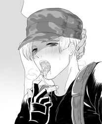 2boys cum cum_in_mouth hand_on_head hat kiricloud leon_scott_kennedy looking_at_viewer monochrome multiple_boys open_mouth resident_evil tongue tongue_out yaoi