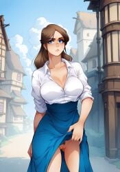 ai_generated ai_jago_dibuja blue_eyes blue_skirt breasts_covered brown_hair julia_(living_with_hipstergirl_and_gamergirl) lifting_skirt living_with_hipstergirl_and_gamergirl milf no_panties outdoors pubic_hair public public_exposure pussy white_shirt