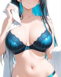 2025 ai_generated belly black_and_blue_hair black_hair_female blue_hair_female blue_lingerie hand_on_towel holding_towel instagram looking_at_viewer meta red_cheeks teeth_visible ten01c towel_around_body tummy unknown_character wet_bikini wet_body wet_skin white_background