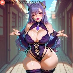 ai_generated bangs bare_shoulders blurry blurry_background blush breasts bridal_gauntlets cleavage clothing_cutout cone_hair_bun cum cum_in_mouth cum_on_body cum_on_breasts curvy day detached_sleeves earrings exhibitionism facial female genshin_impact gloves hair_bun hair_ornament highleg highleg_leotard jewelry keqing_(genshin_impact) large_breasts leotard lips lipstick long_hair looking_at_viewer makeup navel navel_cutout one_eye_closed outdoors pink_eyes prostitution purple_eyes purple_gloves purple_hair solo tgv9173 thick_thighs thighhighs thighs twintails wide_hips