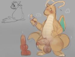 anthro balls darkened_balls darkened_genitalia dildo dragonite generation_1_pokemon genitals grey_background hi_res humanoid_genitalia humanoid_penis knot knotted_dildo lube lube_bottle lube_on_dildo male male_only nintendo penis pokemon pokemon_(species) sex_toy simple_background solo standing truemew