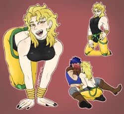 2boys ambush_(trap) blonde_hair blush clothed dio_brando effeminate femboy feminine_male gay jojo's_bizarre_adventure jonathan_joestar long_hair male on_all_fours safe seductive seductive_eyes seductive_look seductive_smile twunk yaoi