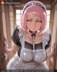 ai_generated alternate_costume apron asmutcriminal blurry blush breasts choker cleavage collarbone door dress female gloves green_eyes indoors large_breasts lips looking_at_viewer maid maid_apron mole naruto parted_lips pink_hair puffy_short_sleeves sakura_haruno see-through short_hair short_sleeves solo tagme wet wet_clothes white_apron white_gloves window