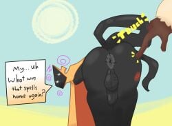 anus ass balls black_body butt_slap cloak cloak_only clothing confusion duo foreskin fur genitals goo_creature hole_(anatomy) humanoid long_tail looking_at_viewer looking_back looking_back_at_viewer male mind_alteration penis poundfulpanda simple_background slap small_penis solo speech_bubble sun tail teasing touching_butt uncircumcised white_body white_fur wiz_(poundfulpanda)