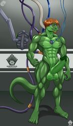 2017 abs android anthro balls beard biceps big_balls big_muscles big_penis blue_eyes brown_hair facial_hair green_balls green_penis green_scales hair invalid_tag libra-11 lizard machine male male_only muscular muscular_male navel nude pecs penis reptile robot robotic_reveal scales scalie smile wires