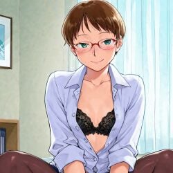 ai_generated bedroom_eyes black_bra blush femboy feminine_male girly glasses hinemosu hinemosu_notari_style light_skinned_femboy looking_back male office office_lady office_lady_outfit otoko_no_ko smile style unbuttoned