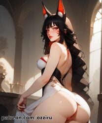 absurd_res ahri ahri_(league_of_legends) ai_generated animal_ears ass ass_focus black_hair cat_ears catgirl cute cute_face facial_markings female fox_ears hi_res highres league_of_legends long_hair ozziru patreon red_eyes risen_legend_ahri self_upload sexy uncensored vastaya