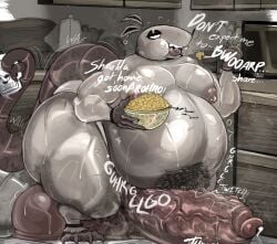 ass balls balls_on_floor belly burp burping cabinet dick diologue earrings eating food fork gunk_(schmuckless) hyper hyper_balls hyper_penis kitchen looking_at_viewer macaroni_and_cheese male microwave milk moobs nipple_piercing overweight penis_on_floor precum pubic_hair rat schmuckless spoon tail thick_thighs thighs underwear vein veins veiny_penis
