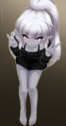 bra_strap busujimabibi clothed drow earrings elf elf_ears elf_female elf_girl exposed_shoulders grey_body grey_skin indie_virtual_youtuber indie_vtuber jewelry looking_at_viewer nioartist no_pants peace_sign pointed_ears pointy_ears ponytail purple_eyes sitting small_breasts virtual_youtuber vtuber vtuberfanart white_hair