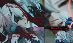 2girls 3d arlecchino_(genshin_impact) bondage cnc comic dangling degradation dominant dominant_female domination female furina_(genshin_impact) genshin_impact giantess hengldengl humiliation humor kinky larger_female leash light_bondage looming macro micro shrunk smaller_female speech submissive_female talking text white_hair yuri