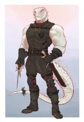 absurd_res banana_da_boi bulge claws clothed clothing detailed_bulge digital_media_(artwork) digital_painting_(artwork) footwear genital_outline hi_res jewelry male muscular muscular_male necklace painting_(artwork) penis_outline portrait scalie shoes solo standing tail white_body