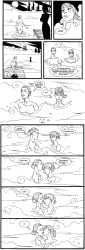 2girls askja_(umbra) ass back_view black_and_white blush comic completely_nude completely_nude_female duo english_text female female_only freyja_(umbra) hi_res hot_spring hourglass_figure human icelandic kissing mike_hawthorne monochrome nude partially_submerged png steam text umbra_(comic) undressing water yuri