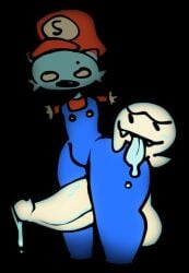 2boys anthro ass big_butt big_penis black_background blue_body blue_clothing blue_cum blue_fur blue_overalls bodily_fluids boo_(mario) bottomwear button_(fastener) clothed clothing colored_cum cum cum_drip dripping drooling duo eyebrows fur gay genital_fluids genitals ghost ghost_tail gloves gold_button_(fastener) handwear hat headgear headwear hi_res male male/male mario_(series) nintendo open_mouth overalls penis red_cap red_clothing red_hat red_headwear saliva scab_(character) scab_nsfw scared shirt simple_background smile spirit tail teeth tongue tongue_drip tongue_out topwear unibrow unusual_bodily_fluids unusual_cum unusual_genital_fluids white_body white_clothing white_gloves white_handwear