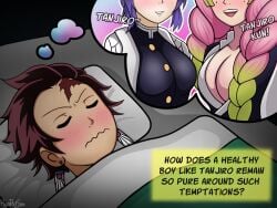 1boy 2d 2d_(artwork) 2d_artwork 2girls amazon_position amazon_press ass ass_focus big_ass big_breasts big_butt black_hair blush blushing_female booty breasts busty busty_female cleavage comic comic_page cum cum_in_mouth cum_inside demon_slayer dialogue dream fellatio female_molester femdom forceful hashira heart heart-shaped_pupils hiding_sex horny horny_female hyoreisan kamado_tanjirou kanroji_mitsuri kimono kochou_shinobu licking_penis malesub morning_wood mouth_gag multiple_pages multiple_panels oral penis pink_eyes pink_fingernail_polish pink_fingernails pink_ribbon red_eyes sleep_molestation sneaky sucking sucking_penis tanjiro_kamado thighs tired_expression tired_eyes tired_look tired_male