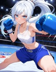 2025 ai_generated belly blue_boxing_gloves blue_eyes blue_shorts boxing_ring challenging_to crunchyroll deviantart elryusam female fighting_gloves fighting_pose fighting_ring fighting_stance gesturing_at_viewer looking_at_viewer meta not_porn pink_cheeks rwby teeth_showing tummy tv_series tv_show weiss_schnee wet_body wet_skin white_eyebrows white_ponytail white_topwear wrestling_outfit wrestling_ring