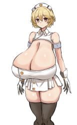 1girls barefoot black_thighhighs blonde_hair braid braided_hair braids closed_eyes expressionless gigantic_breasts gloves hat huge_breasts looking_at_viewer nurse nurse_robot_type_t nurse_uniform orange_eyes short_hair simple_background skindentation solo thighhighs utau vocaloid voldred2525 white_background white_gloves