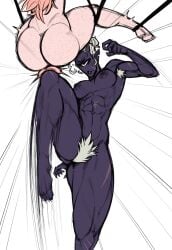 1_eye armpit_hair ass ballbusting balls big_pubes body_hair bondage bound cock_and_balls_torture cyclops dojyaan duo female freckles genital_torture hair hi_res humanoid knee_kick knee_up long_hair male muscular muscular_female muscular_humanoid nude nude_female nude_male penis pointy_ears pubes purple_body raleigh_(dojyaan) rope simple_background