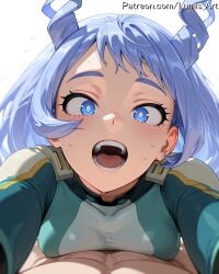 2025 ai_assisted ai_generated artist_name bangs blue_eyes blue_hair blurry blurry_foreground blush boku_no_hero_academia breasts clothing cowgirl_position depth_of_field female flying_sweatdrops foreshortening hadou_nejire high_quality high_res high_resolution highres looking_at_viewer lumis_art male multicolored_hair my_hero_academia nejire_hado open_mouth patreon pov reaching_out short_hair simple_background stable_diffusion sweat teeth twin_drills watermark
