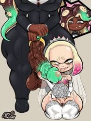 accessory animal_humanoid balls big_forehead black_tie_(suit) bottom_heavy cephalopod clothing cock_ring coffeetheseeker dark_body dark_skin digit_ring duo female futanari genitals grin gynomorph gynomorph/female hi_res humanoid inkling intersex intersex/female jewelry kiss_mark_on_penis marina_(splatoon) marine marine_humanoid mollusk multicolored_body nintendo octarian octoling pearl_(splatoon) penis penis_accessory penis_jewelry penis_marriage penis_on_face pseudo_hair ring saggy_balls short_stack smile splatoon suit vein wedding wedding_ring wide_hips
