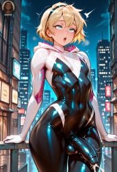1boy ahe_gao ai_generated big_penis bodysuit bulge cum cum_through_clothes cumming cumshot erection_under_clothes femboy genderswap_(ftm) girly male marvel otoko_no_ko penis_outline rule_63 solo spider-gwen spider-man_(series) superhero_costume yo0001