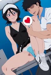 1boy _yumidreams ai_generated black_dress black_eyes black_hair bleach blue_panties blush breasts cameltoe covered_nipples dress faceless faceless_male female hair_between_eyes heart kuchiki_rukia on_desk panties purple_eyes rukia_kuchiki shoes short_hair sitting sleeveless small_breasts smile sneakers spoken_heart spread_legs straight tennis_outfit tennis_shoes tennis_uniform underwear visor_cap