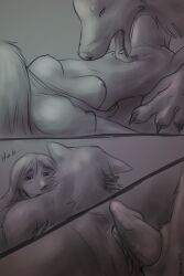 2:3 animal_genitalia animal_penis anthro breasts canid canine canine_genitalia canine_penis canis claws clitoris clothed clothing comic duo female genitals hair hi_res human licking long_hair male male/female mammal monochrome mythological_canine mythological_creature mythology partially_clothed penis peregr1ne pussy sharp_teeth sheath teeth text tongue werecanid werecanine werecreature werewolf wolf