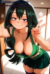 :> ai ai_assisted ai_generated anime artist_name asui_tsuyu bare_shoulders belt black_eyes black_hair blush boku_no_hero_academia breasts cleavage closed_mouth collarbone dibzprintz fansly female green_hair green_skirt hair_between_eyes hair_rings hi_res high_quality high_resolution highres indoors large_breasts leaning_forward long_hair looking_at_viewer low-tied_long_hair medium_breasts miniskirt my_hero_academia nipples no_bra pleated_skirt selfie skirt smile solo sweat tank_top thighhighs thighs tsuyu_asui v watermark zettai_ryouiki