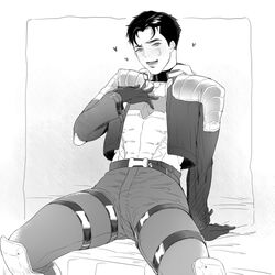 <3 1boy batman_(series) black_hair dc dc_comics glove jacket jason_todd kiricloud male male_only monochrome naughty_face pants red_hood_(dc) scar sitting smile solo tagme