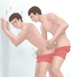 2boys against_wall bar_censor blush brown_eyes brown_hair erection handjob male_only multiple_boys original penis penis_grab reach_around short_hair siroki steam yaoi