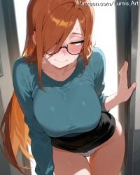 2025 ai_assisted ai_generated artist_name bangs black-framed_eyewear blue_sweater blush breasts brown_hair closed_mouth clothing disney female female_only glasses gravity_falls hair_over_one_eye high_quality high_res high_resolution highres large_breasts leaning_forward long_hair long_sleeves looking_at_viewer lumis_art panties patreon skirt smile solo stable_diffusion sweat sweater thighs underwear watermark wendy_corduroy white_panties