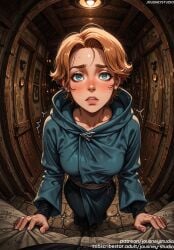 1boy ai_generated bangs blonde_hair blue_eyes blush breasts castlevania castlevania_(netflix) clothing door english_text female female_only freckles hood hood_down hoodie indoors jousneystudio lips long_sleeves looking_at_viewer looking_up male medium_breasts original pants parted_lips robe short_hair solo standing sweat sweatdrop sypha_belnades teeth trembling