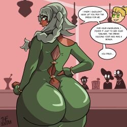 background big_ass big_butt blush blush_lines braided_hair braided_ponytail char dark-skinned_female dress dumptruck_ass dumptruck_butt embarrassed embarrassed_female green_dress green_eyes green_hair hand_on_hip huge_ass huge_butt light-skinned_male original original_character scar scar_on_face silver_hair tan_body tan_skin tanline tanned tanned_female tanned_girl tanned_skin the_doigster tight_clothing tight_fit wide_hips