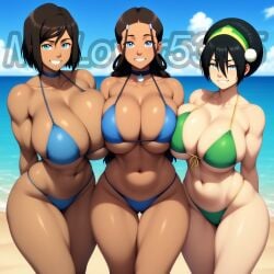 2d 2d_(artwork) 3girls aged_up ai_generated avatar_the_last_airbender beach big_breasts bikini black_hair black_hair_female blind blind_girl blue_bikini blue_clothes blue_clothing blue_eyes blue_eyes_female breasts clothed clothed_female curvaceous curvy curvy_female curvy_figure dark-skinned_female dark_skin female green_bikini green_clothes green_clothing happy happy_female katara korra large_boobs large_breasts light-skinned_female light_skin looking_at_viewer milflover5335 multiple_females multiple_girls nickelodeon smile smiling smiling_at_viewer the_legend_of_korra thick_thighs time_paradox toph_bei_fong