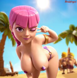 1girls 2boys 2d 2d_(artwork) alternate_version_available archer archer_(clash_of_clans) arm_bracelets arm_bracers barbarian barbarian_(clash_of_clans) bikini_bottom brskdrvgon clash_(series) clash_royale evolution_archer_(clash_royale) female looking_at_viewer male nude nude_female pink_eyes pink_hair wink winking winking_at_viewer