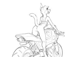 adam_wan anthro bottomless canine clothed clothing cynthia_(zaush) digitigrade female flat_chested floppy_ear fur greyscale grin mammal monochrome motorcycle partially_clothed pussy raised_tail see-through simple_background solo vehicle white_background