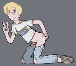blonde_hair blue_eyes covered_eyes cum dexter_holland dick male male_only on_knees peace_sign penis sperm sweat the_offspring victory
