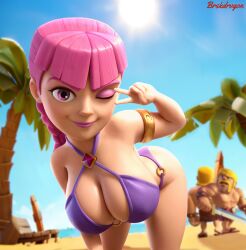 1girls 2boys 2d 2d_(artwork) alternate_version_available archer archer_(clash_of_clans) arm_bracelets arm_bracers barbarian barbarian_(clash_of_clans) bikini bikini_bottom bikini_top brskdrvgon clash_(series) clash_royale evolution_archer_(clash_royale) female looking_at_viewer male pink_eyes pink_hair wink winking winking_at_viewer