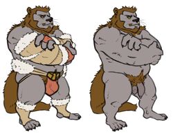 armor balls beard clothing crossed_arms ear_piercing facial_fur facial_hair fur grey_fur himegoto123 jockstrap male male_only mammal manly muscular mustelid nude otter otter_tail penis piercing simple_background solo unconvincing_armor underwear yellow_eyes