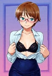 ai_generated bedroom_eyes black_bra blushing femboy feminine_male girly glasses hinemosu hinemosu_notari_style light_skinned_femboy looking_back male office office_lady office_lady_outfit otoko_no_ko smile style unbuttoned