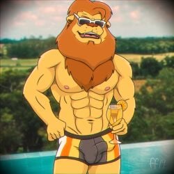 1:1 2019 abs anthro balls_outline beverage biped bottomwear brown_mane brown_nose bulge clothed clothing container cup detailed_bulge digital_media_(artwork) drinking_glass fabfelipe fangs felid front_view genital_outline glass glass_container glass_cup hi_res holding_beverage holding_container holding_cup holding_drinking_glass holding_glass holding_object lion male mammal mane muscular muscular_anthro muscular_male navel nipples open_clothing open_shirt open_topwear pantherine penis_outline pink_nipples pink_tongue pool poolside shirt shorts sky solo standing teeth tongue topwear wearing_sunglasses whisker_spots